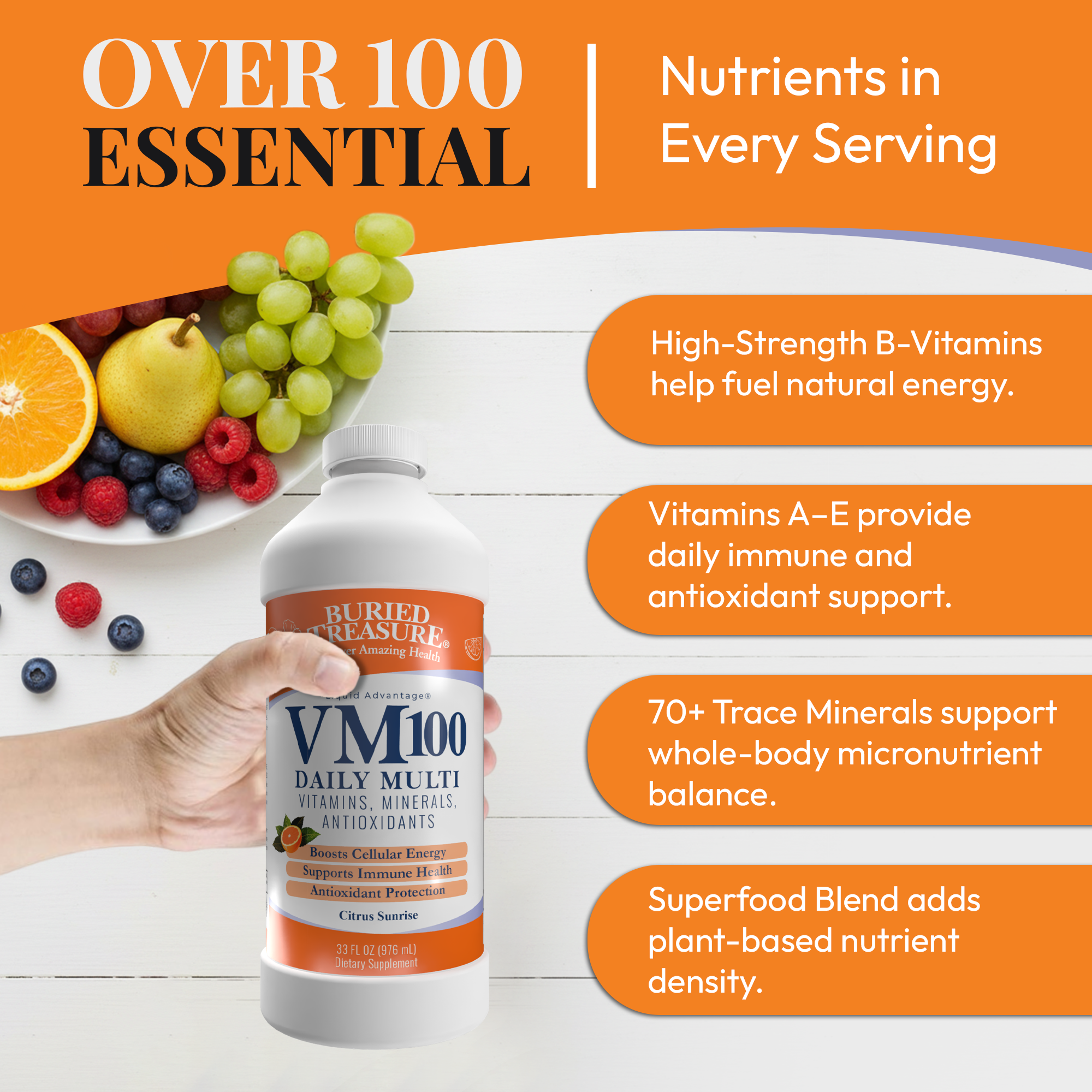 VM100 Liquid Multivitamin and Multimineral Daily Supplement - 100+ Nutrients with Vitamins, Minerals, Antioxidants, and Superfoods - 32 oz
