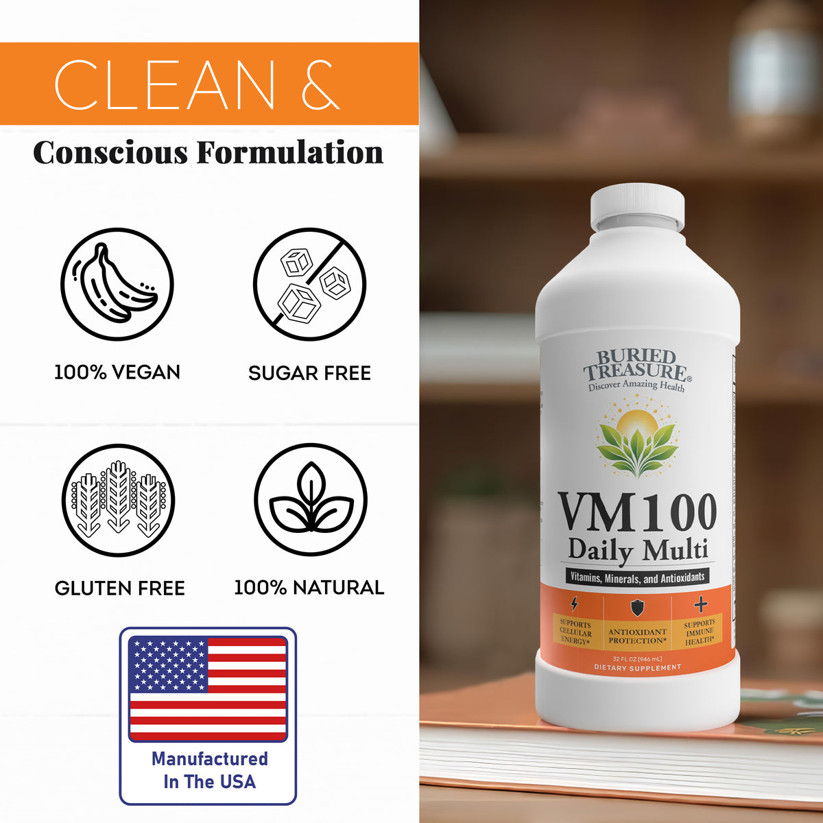VM100 Liquid Multivitamin and Multimineral Daily Supplement - 100+ Nutrients with Vitamins, Minerals, Antioxidants, and Superfoods - 32 oz
