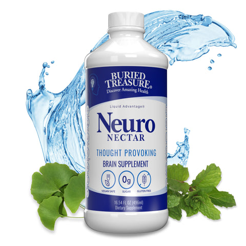 A bottle of Buried Treasure Liquid Nutrients Neuro Nectar brain supplement liquid with a splash of water and herbs decorating the label.