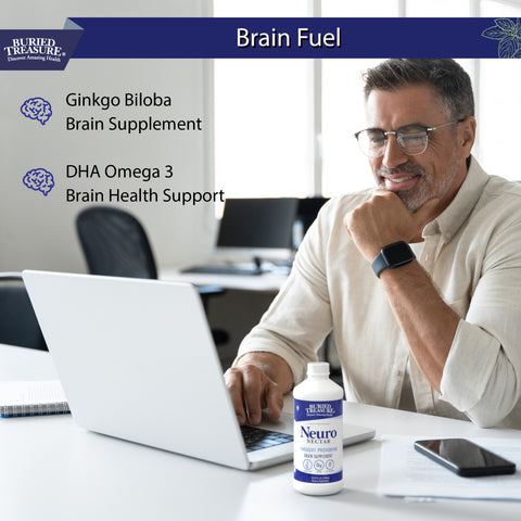 Buried Treasure Neuro Nectar brain fuel with Ginkgo and DHA Omega 3 man at computer with Neuro Nectar.