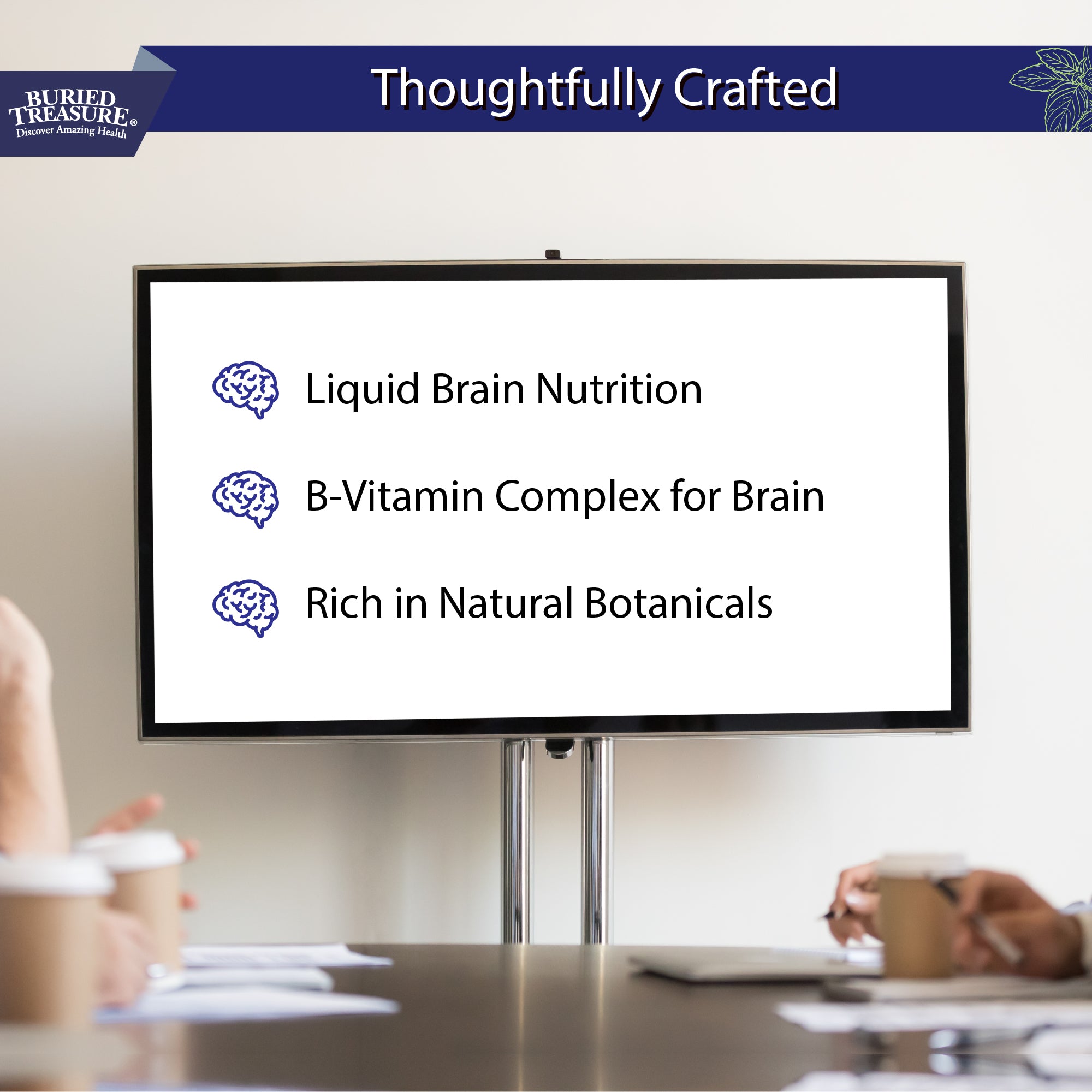 Buried Treasure Neuro Nectar white board with liquid brain nutrition b-vitamin complex image.