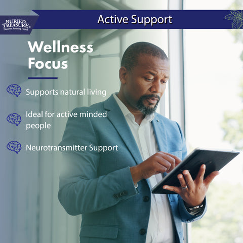 Man with table, wellness focus, creative focus, Neuro Nectar supplement.