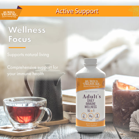 Daily Immune Support image with Wellness Focus bullet points, supports natural living and comprehensive support for your immune health.