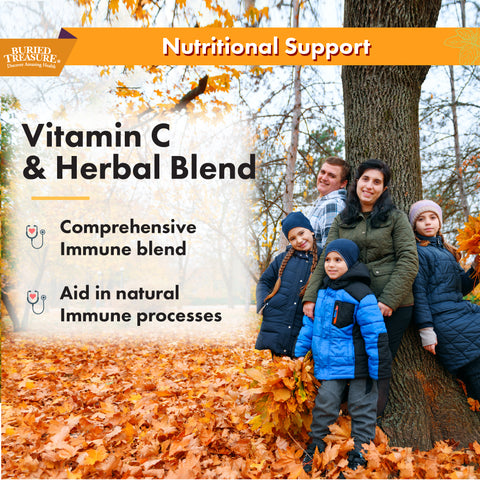 Image for Daily Immune Support with Vitamin C and Herbal Blend. Bullet points with comprehensive immune blend, aid in natural immune process