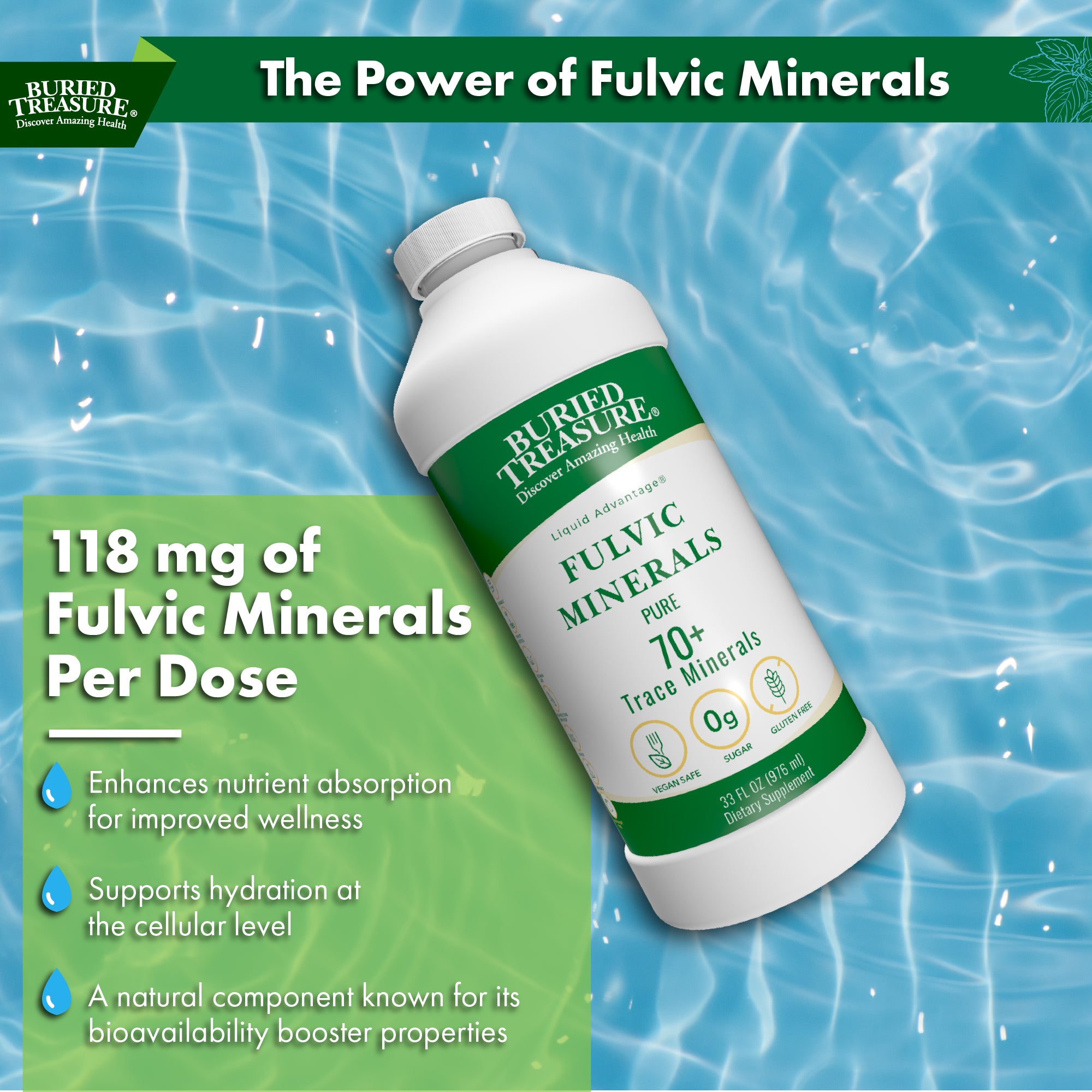 Buried Treasure Fulvic Minerals – Unflavored Liquid Mineral Supplement with 70+ Trace Elements from Humic Shale | 33 oz Bottle