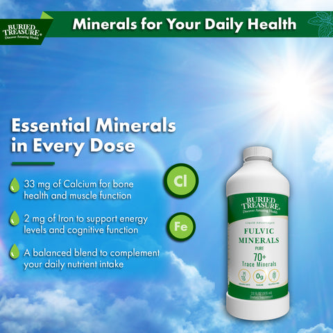 Buried Treasure Fulvic Minerals – Unflavored Liquid Mineral Supplement with 70+ Trace Elements from Humic Shale | 33 oz Bottle