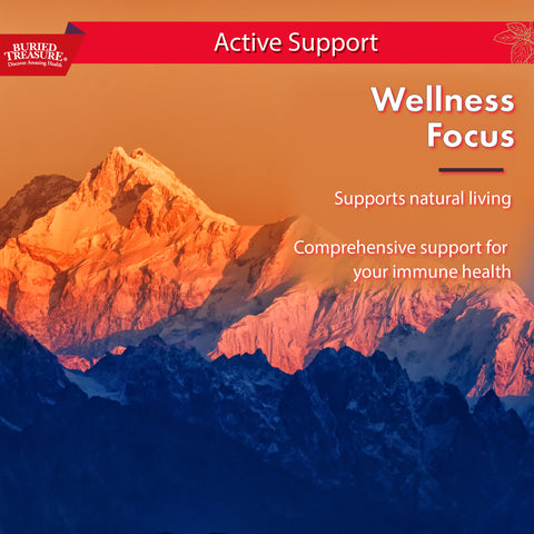 Extra Strength ACF wellness focus image comprehensive support for immune health with snow covered mountain in the background.