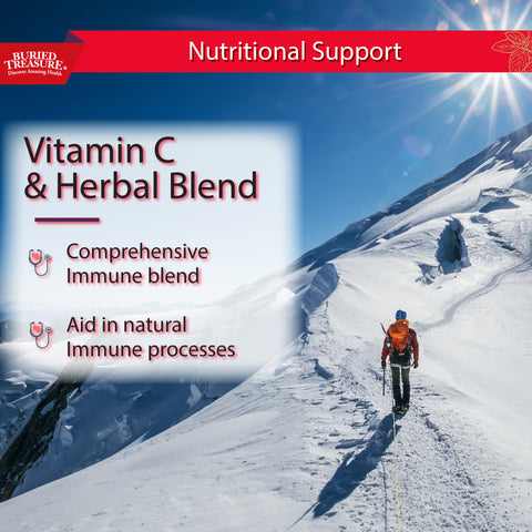 Image with Extra Strength ACF Vitamin C & Herbal Blend comprehensive immune blend and natural immune processes with hiker on a snow covered mountain.