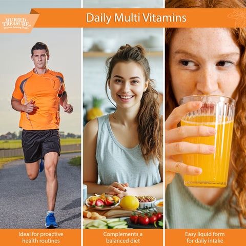 Image describing VM100 daily multi vitamins are ideal for proactive health routines, complements and balanced diet and easy to take liquid form.