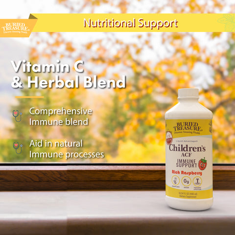 Bottle of Children's ACF sitting on a window sill with bullet points with Vitamin C and Herbal Blend, comprehensive immune blend, and aid in natural immune process.