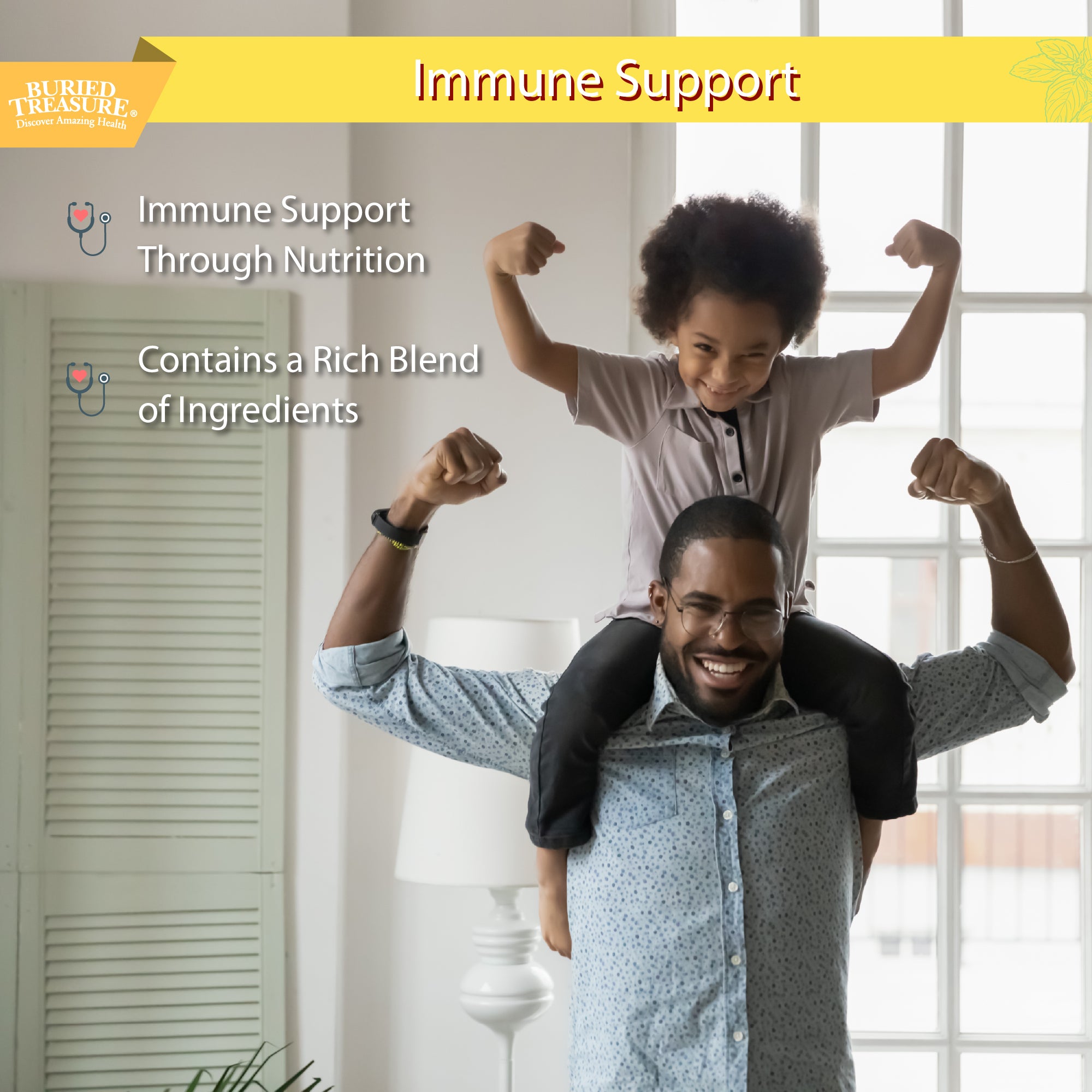 Children's immune support through nutrition and rich blend of plant-sourced ingredients with a child on the shoulders of their father.