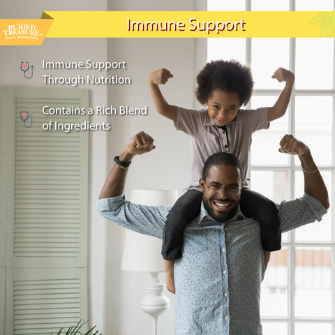 Children's immune support through nutrition and rich blend of plant-sourced ingredients with a child on the shoulders of their father.
