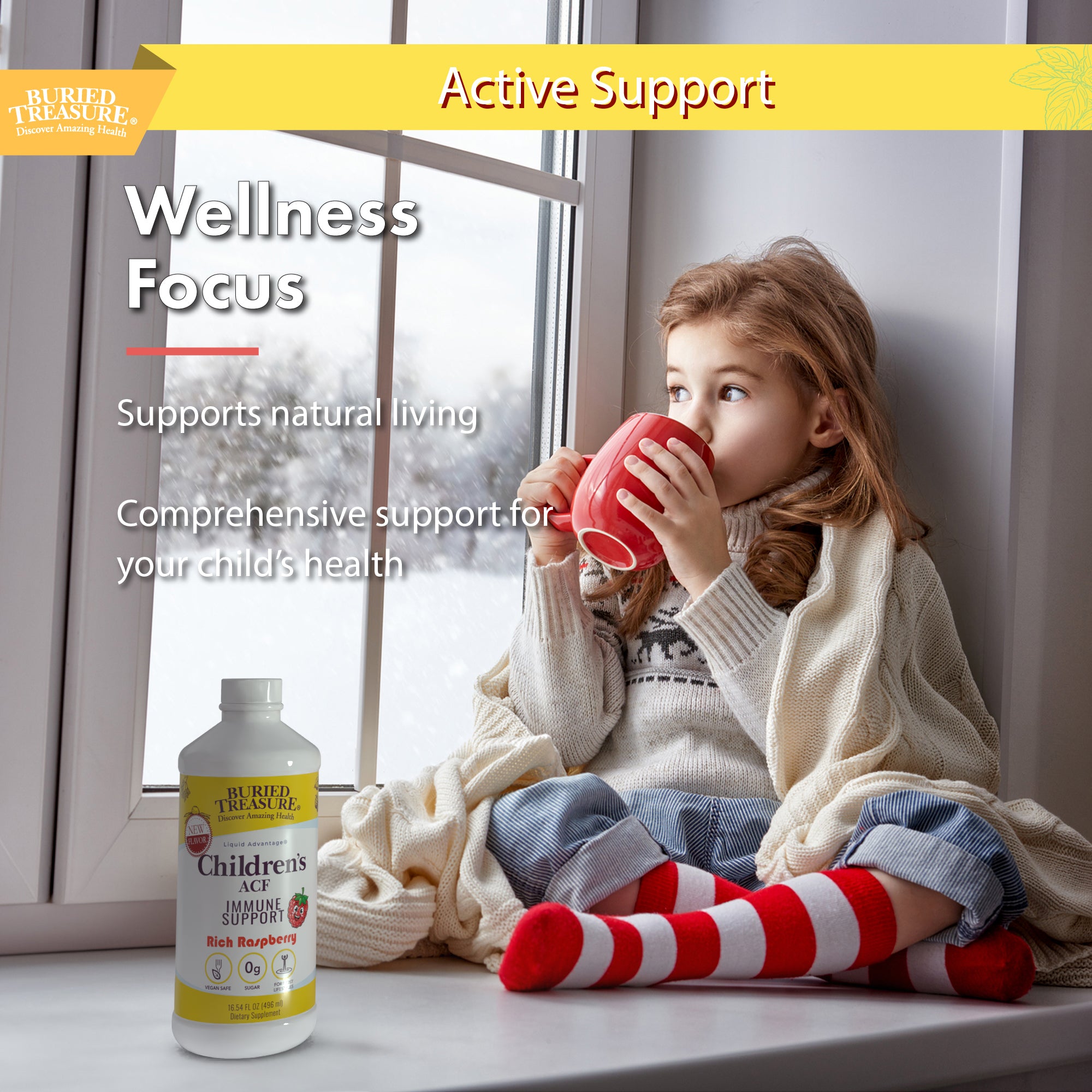 image with child and bottle of Buried Treasure and bullet points stating supports natural living and comprehensive support for your child's health.