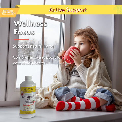 image with child and bottle of Buried Treasure and bullet points stating supports natural living and comprehensive support for your child's health.