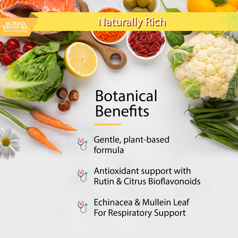 List of botanical benefits including gentle plant-based formula, antioxidant support with citrus bioflavonids, and Echinacea and Mullein Leaf.