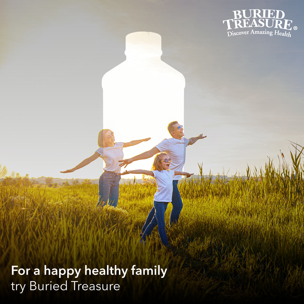 Family Field Scene – 30-Year Buried Treasure Legacy Three generations of family in sunny field symbolizing Buried Treasure’s 30-year liquid supplement legacy