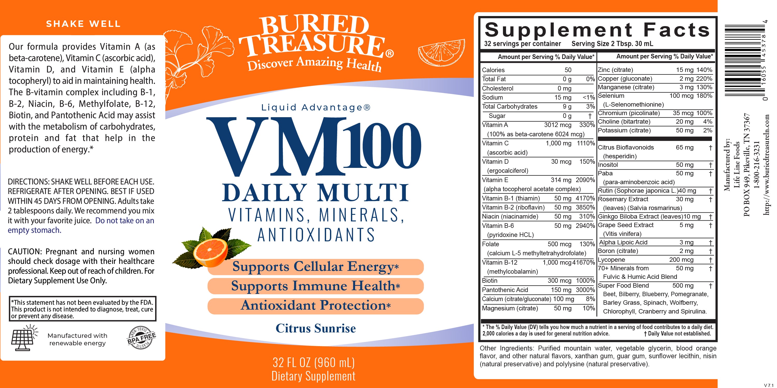 VM100 Liquid Multivitamin and Multimineral Daily Supplement - 100+ Nutrients with Vitamins, Minerals, Antioxidants, and Superfoods - 32 oz