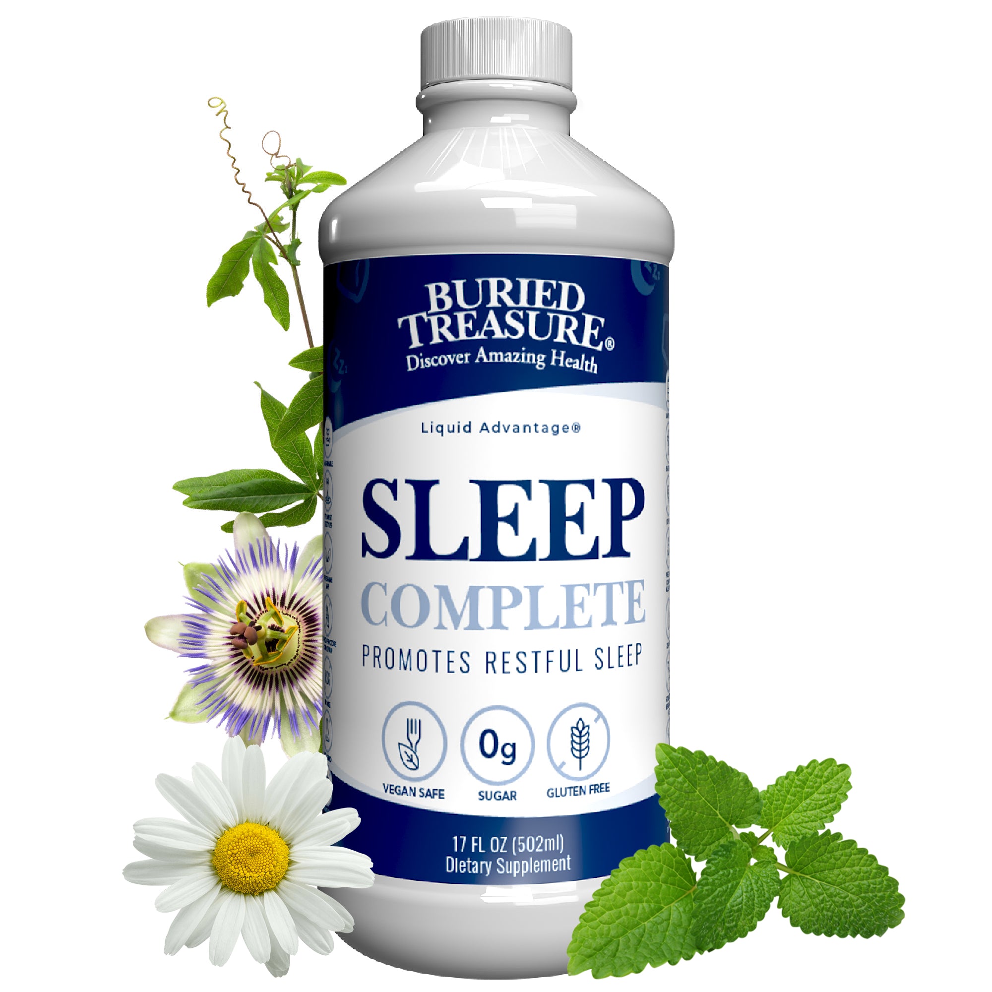 A bottle of Buried Treasure Sleep Complete liquid supplement with melatonin, surrounded by illustrations of chamomile, passion flower, and lemon balm, indicating natural ingredients.