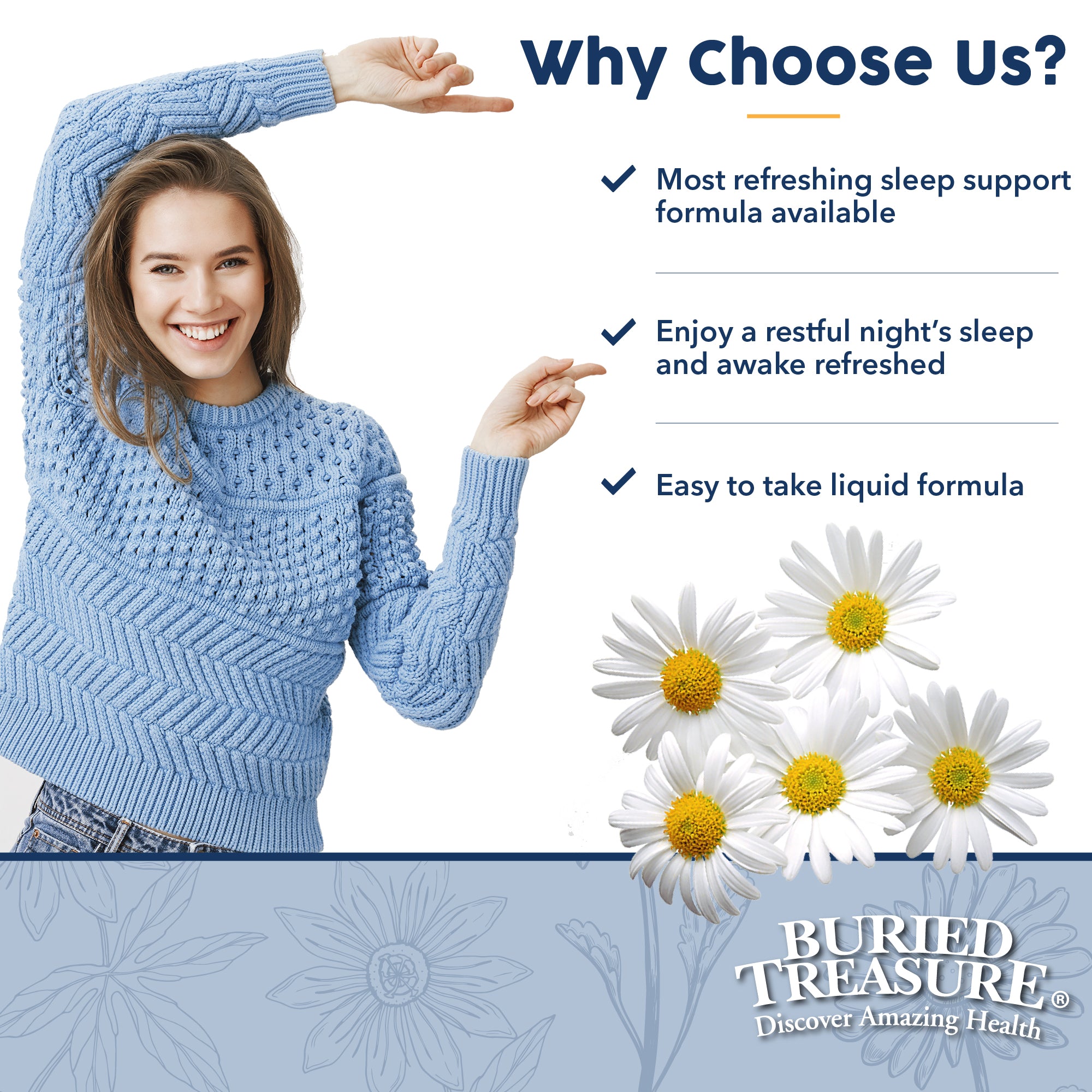 Image with Why Choose Sleep Complete and replies include most refreshing sleep support formula, enjoy a restful night's sleep, and easy to take liquid formula.