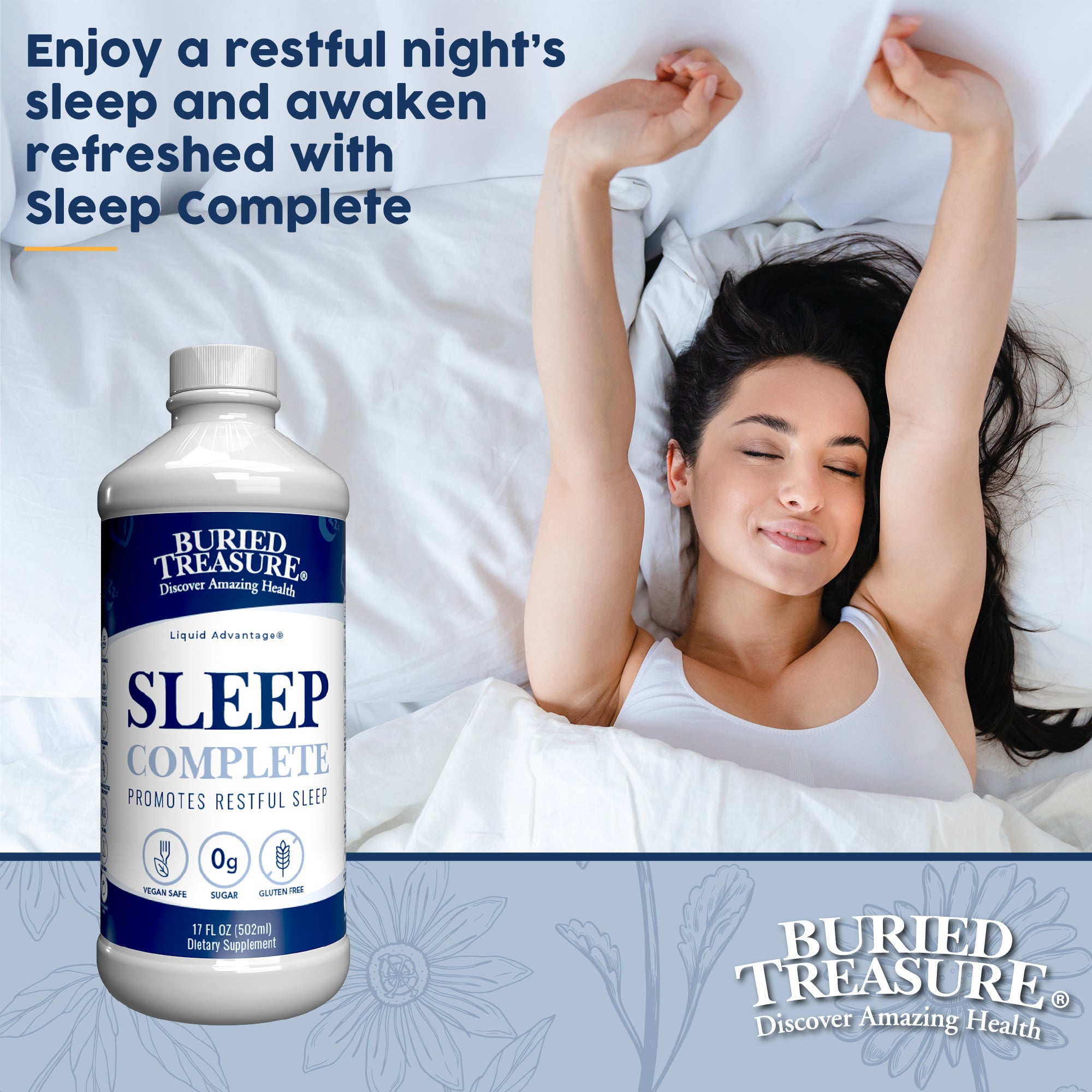 Image with bottle of Buried Treasure Sleep Complete and woman in bed waking up and headline stating enjoy an restful night's sleep and awaken refreshed with Sleep Complete.