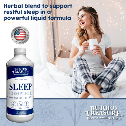 Image of a bottle of Buried Treasure Sleep Complete with a woman holding a coffee mug. The statement says, Herbal blend to support restful sleep in a powerful liquid formula.