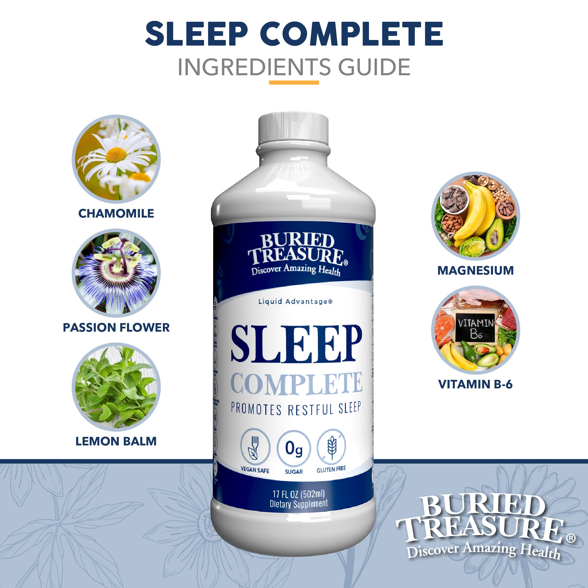 Image with Buried Treasure Sleep Complete bottle and images of ingredients Chamomile, Passion Flower, Lemon Balm, Magnesium and Vitamin B-6.