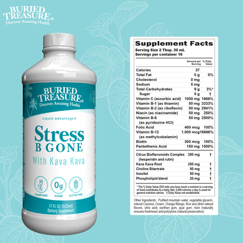 Stress B Gone supplement facts with kava kava, Vitamin C, phospholipid blend.