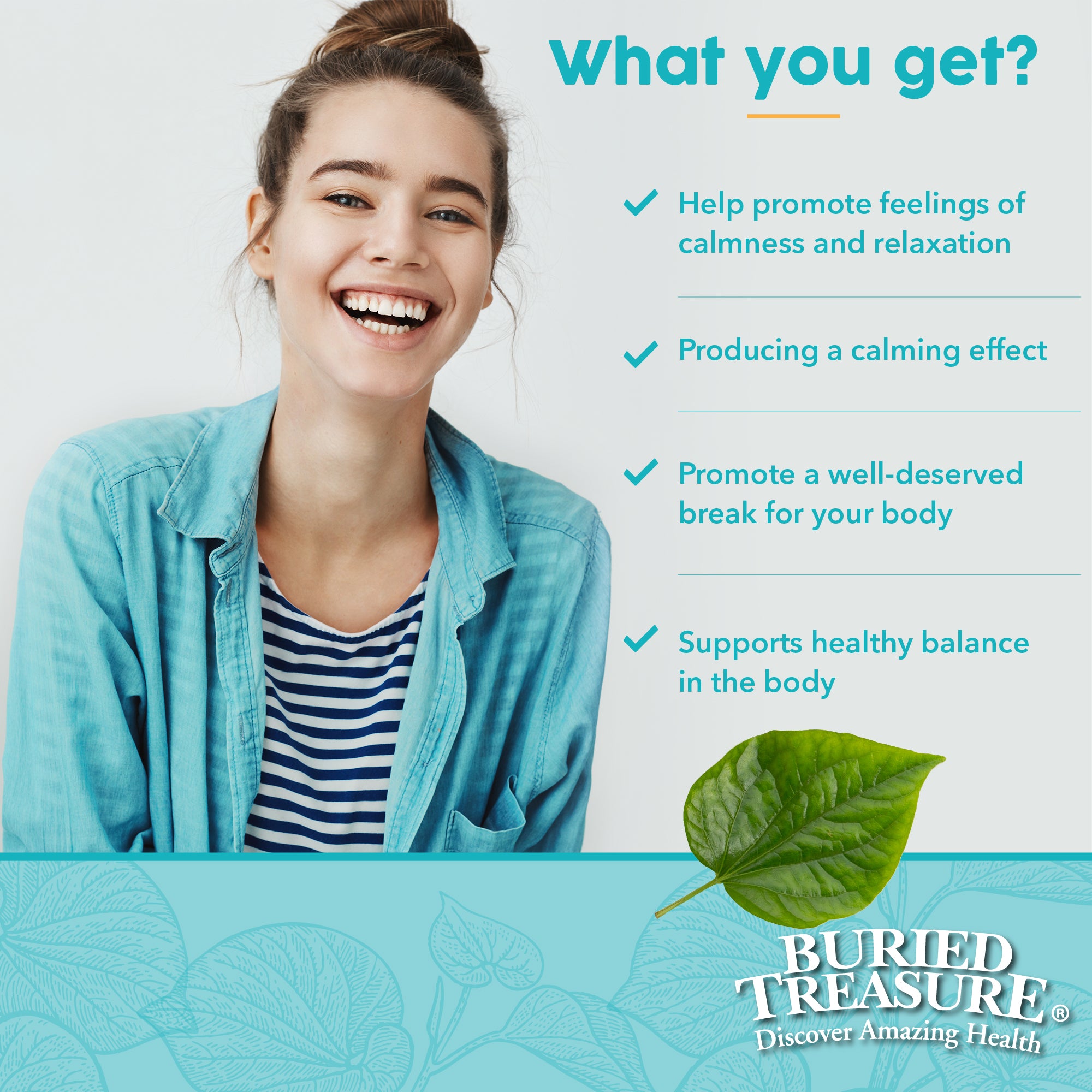 Stress B Gone image with bullet points including promote feelings of calmness and relaxation, calming effect, healthy balance in the body.