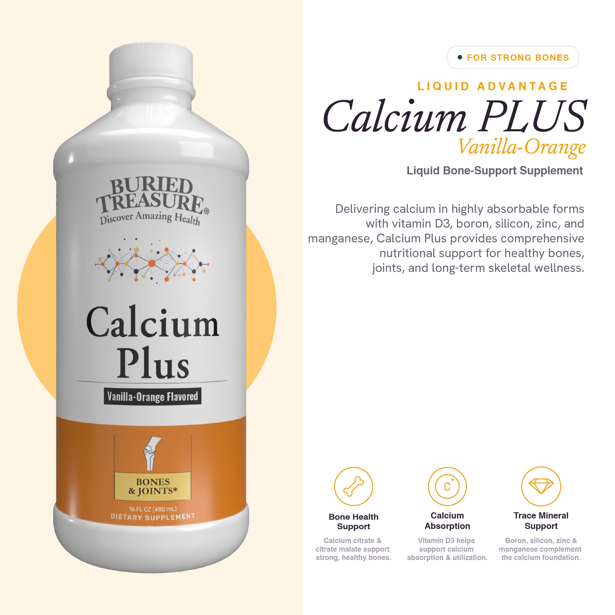 Buried Treasure Calcium Plus Liquid Supplement for Adults, 1,000 mg Calcium Citrate with Vitamin D3 and Trace Minerals, Vanilla Orange Flavor, 16 fl oz