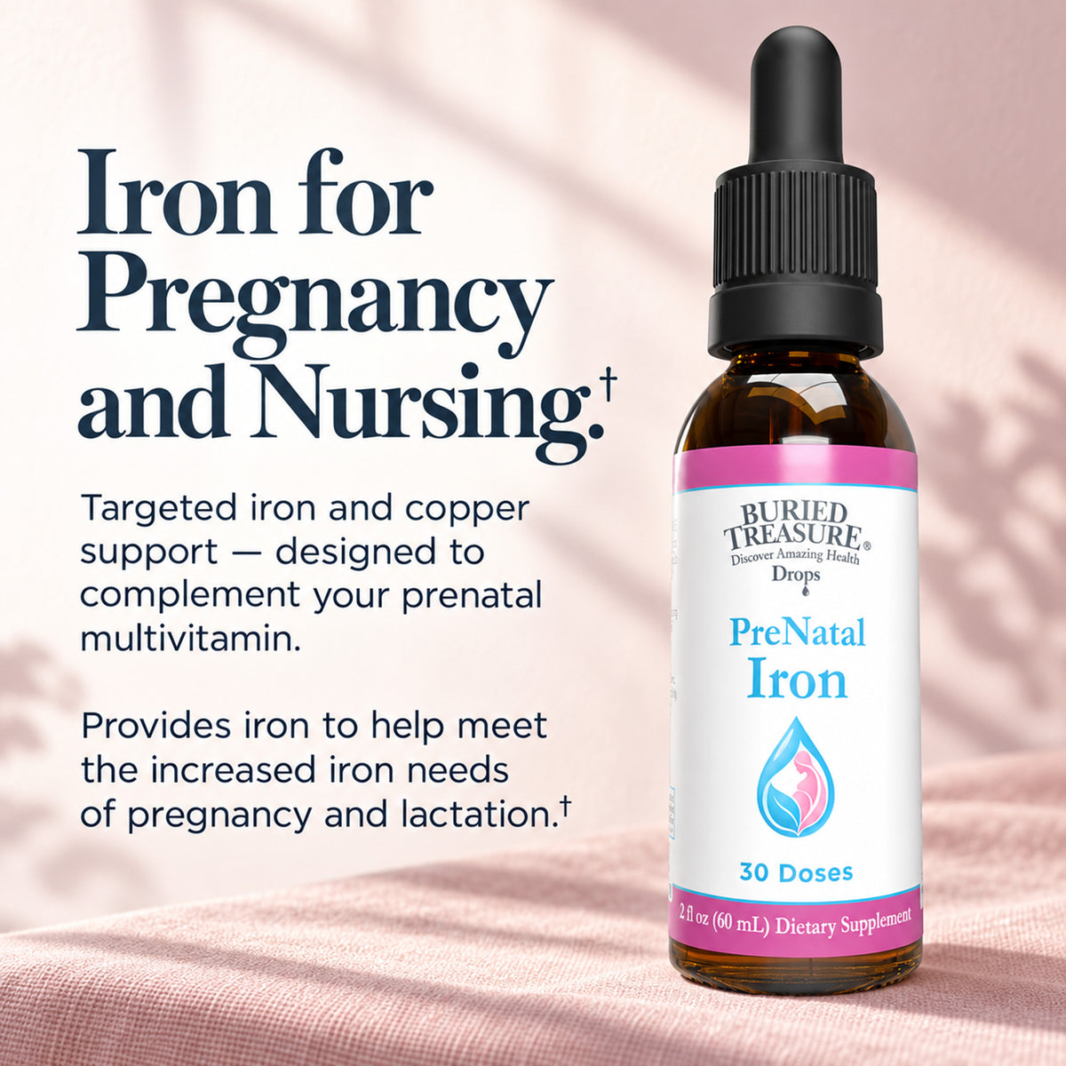 Buried Treasure Prenatal Iron Drops – 20 mg Iron Bisglycinate + Copper, 2 fl oz