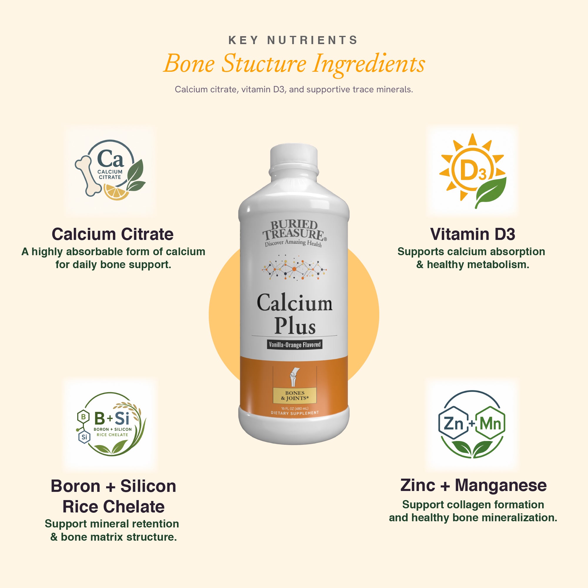 Buried Treasure Calcium Plus Liquid Supplement for Adults, 1,000 mg Calcium Citrate with Vitamin D3 and Trace Minerals, Vanilla Orange Flavor, 16 fl oz