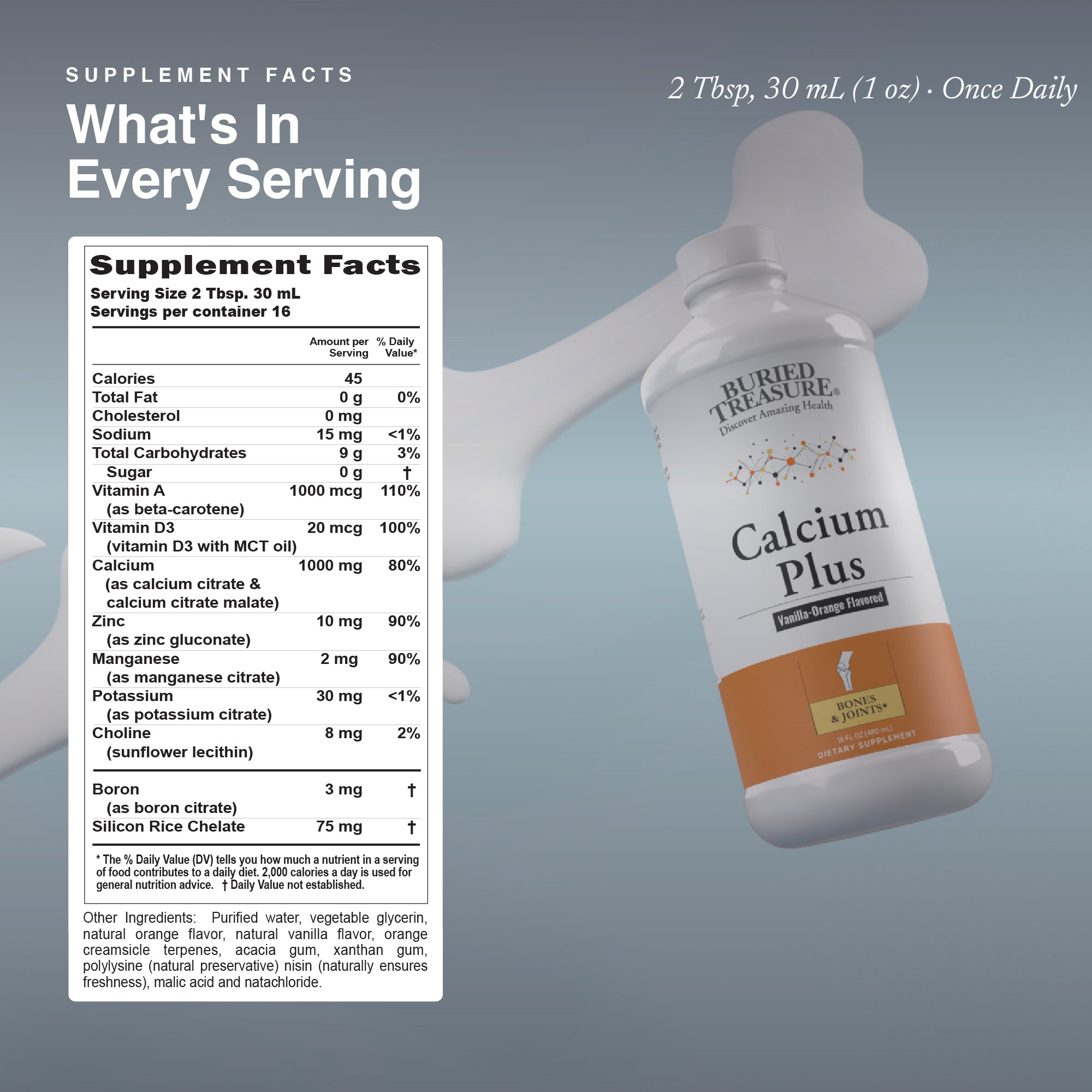Buried Treasure Calcium Plus Liquid Supplement for Adults, 1,000 mg Calcium Citrate with Vitamin D3 and Trace Minerals, Vanilla Orange Flavor, 16 fl oz