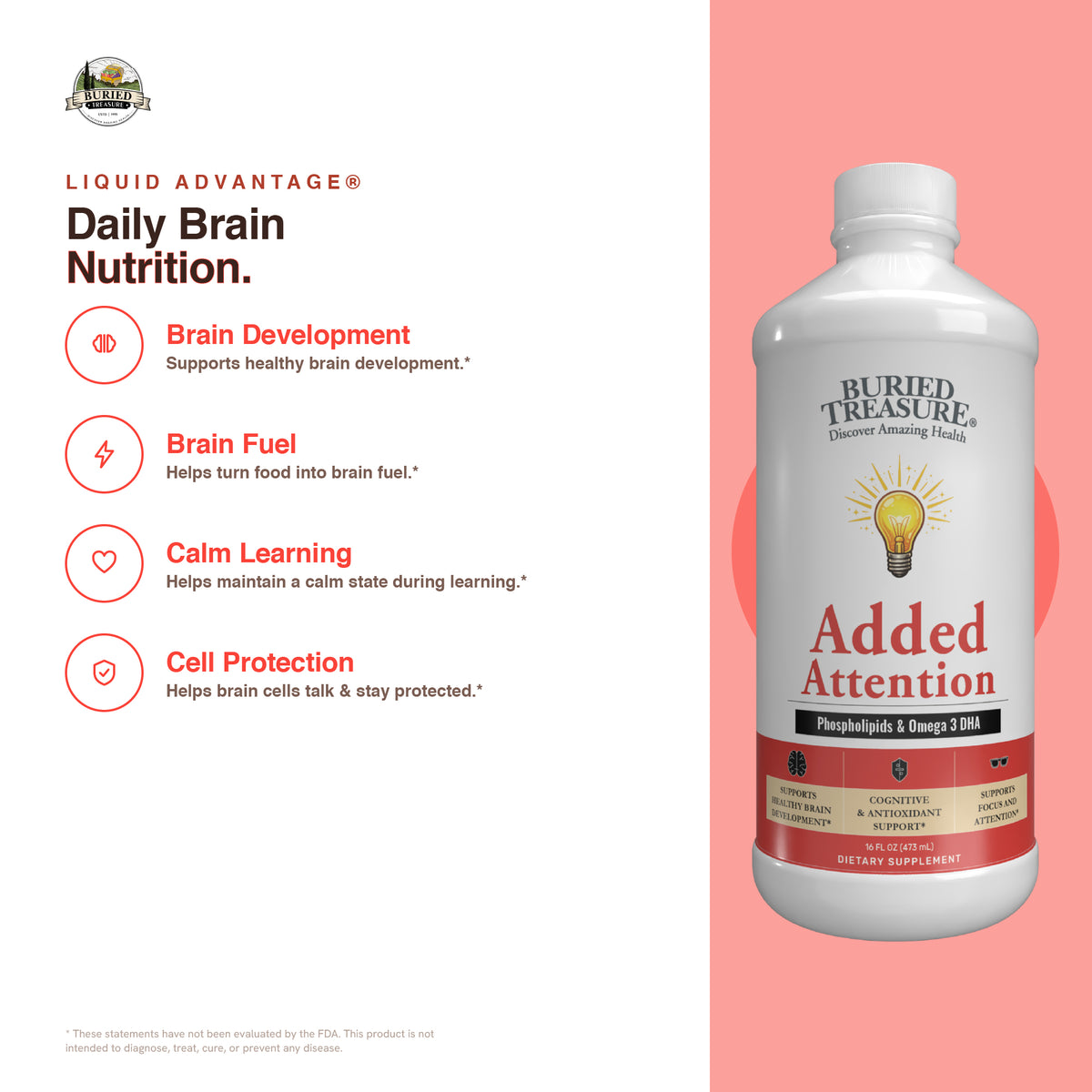 Added Attention – Liquid Supplement for Kids with DHA, B Vitamins & Phospholipids | Brain-Friendly Nutrients in a Natural Raspberry Flavor | 16 oz