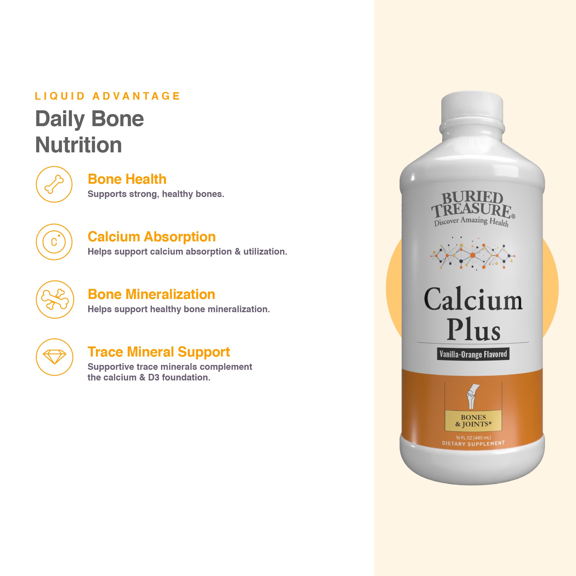 Buried Treasure Calcium Plus Liquid Supplement for Adults, 1,000 mg Calcium Citrate with Vitamin D3 and Trace Minerals, Vanilla Orange Flavor, 16 fl oz