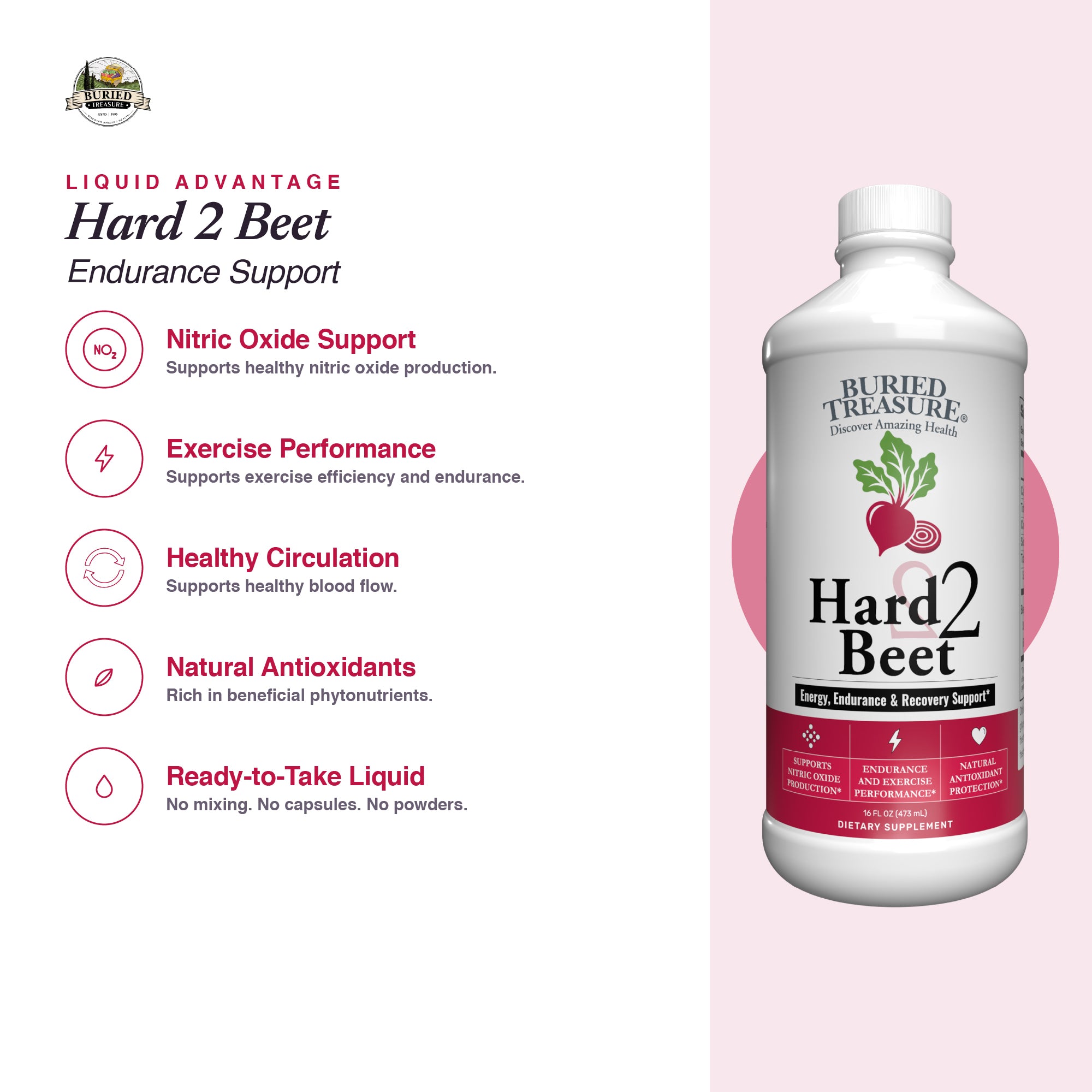 Buried Treasure Hard 2 Beet, 15:1 Concentrated Beetroot Juice Dietary Supplement, 16 oz, 48 Liquid Servings