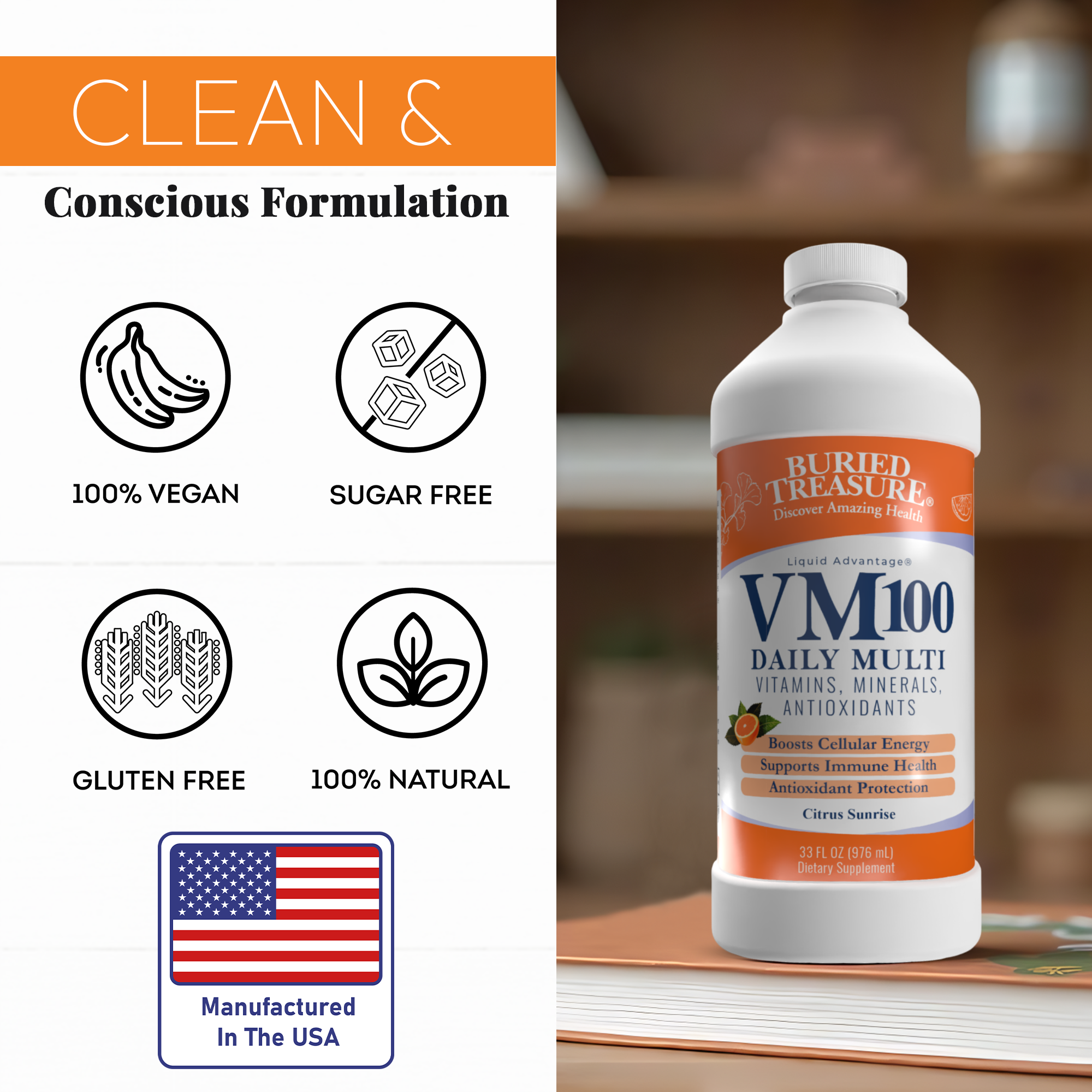 VM100 Liquid Multivitamin and Multimineral Daily Supplement - 100+ Nutrients with Vitamins, Minerals, Antioxidants, and Superfoods - 32 oz