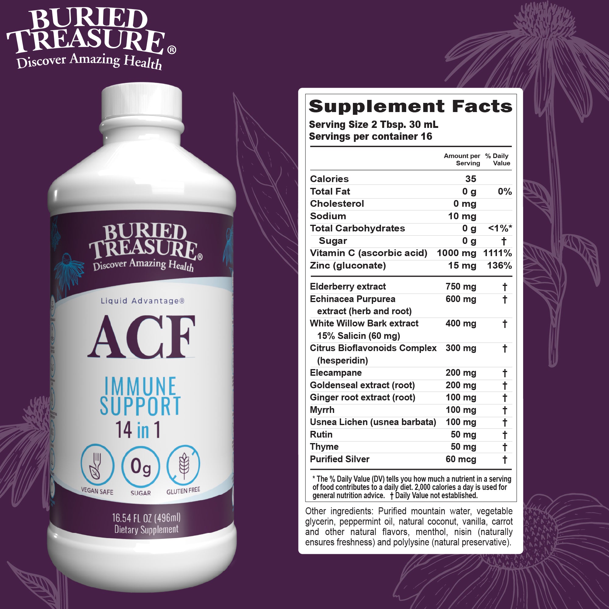 ACF 14-in-1 – Liquid Immune Support Supplement with Vitamin C, Zinc, Elderberry, and Botanicals | 16 Servings | Sugar-Free | Vegan