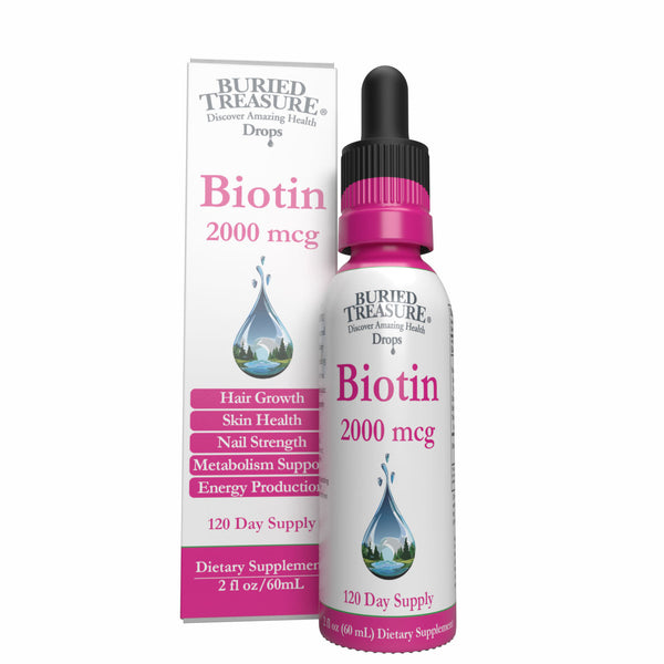 A bottle of Biotin Drops dietary supplement with a pink dropper cap, accompanied by its packaging box featuring lemon and water graphics, indicating freshness and purity.