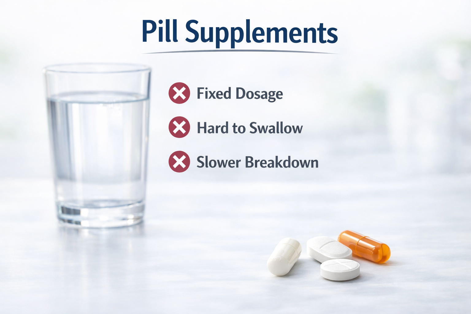 This image is a clean, comparison-style graphic focused on pill supplements, using a soft, minimal background with neutral tones.

At the top center, large dark blue text reads:
“Pill Supplements.”

On the left side of the image, there is a clear glass filled with still water sitting on a smooth surface. The glass is slightly out of focus, giving it a soft, background feel.

On the right side, in the foreground, there are several pills resting directly on the table. These include:

A white capsule

Two white round tablets

One orange translucent capsule

They are grouped loosely together, with soft lighting and subtle reflections.

To the right of the glass and above the pills, there are three statements listed vertically, each marked with a red circle containing an “X,” indicating drawbacks:

Fixed Dosage

Hard to Swallow

Slower Breakdown

The overall tone of the image is clinical and straightforward, emphasizing limitations of pill supplements through simple visuals and clear, negative markers.