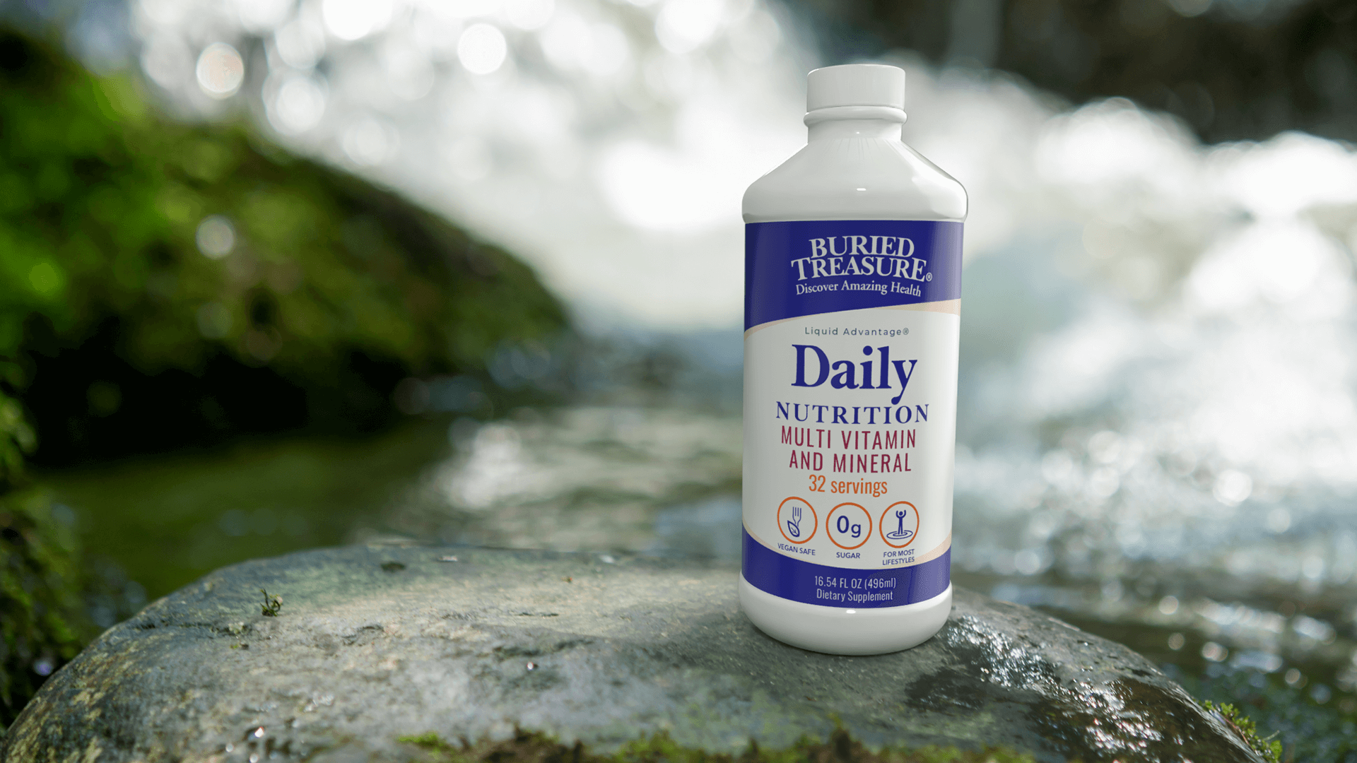 Buried Treasure Daily Nutrition multi vitamin and mineral support - home page hero image BTDN on rock with water background 1920x1080 