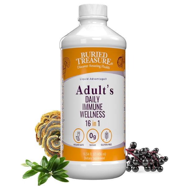 A bottle of Buried Treasure Liquid Immune Wellness Supplement for adults, with images of herbs and mushrooms on the label.