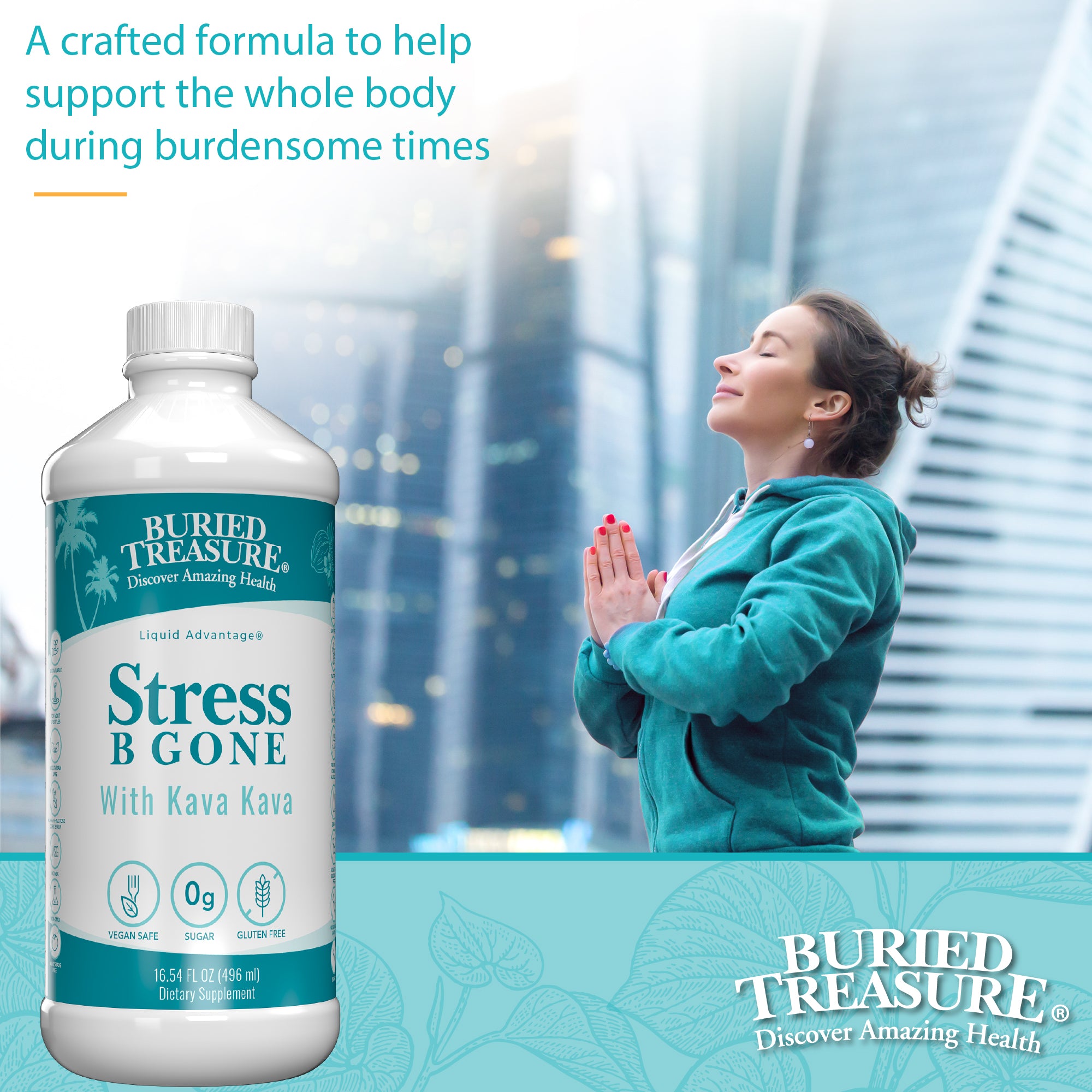 Image with bottle of Stress B Gone and headline stating crafted formula 