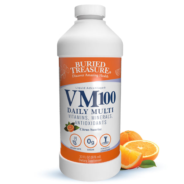 A bottle of Buried Treasure VM100 Liquid Multivitamin and Multimineral Daily Supplement with orange and green label, displaying the product name and an image of oranges.