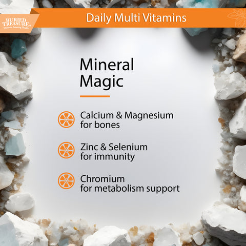 Buried Treasure VM100 image describing the mineral complex of the daily multivitamin and mineral supplement including calcium magnesium, Zinc and Selenium, along with Chromium
