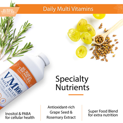 Image of Buried Treasure VM100 Daily Multi Vitamins with nutrients such as Inositol & PABA, Grape Seed and Rosemary extract. 