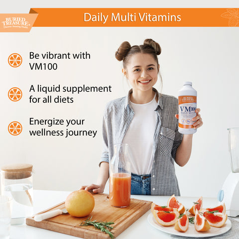 Image of young woman holding bottle of VM100 with grapefruit juice and bullet points describing the health benefits of liquid daily multi vitamins