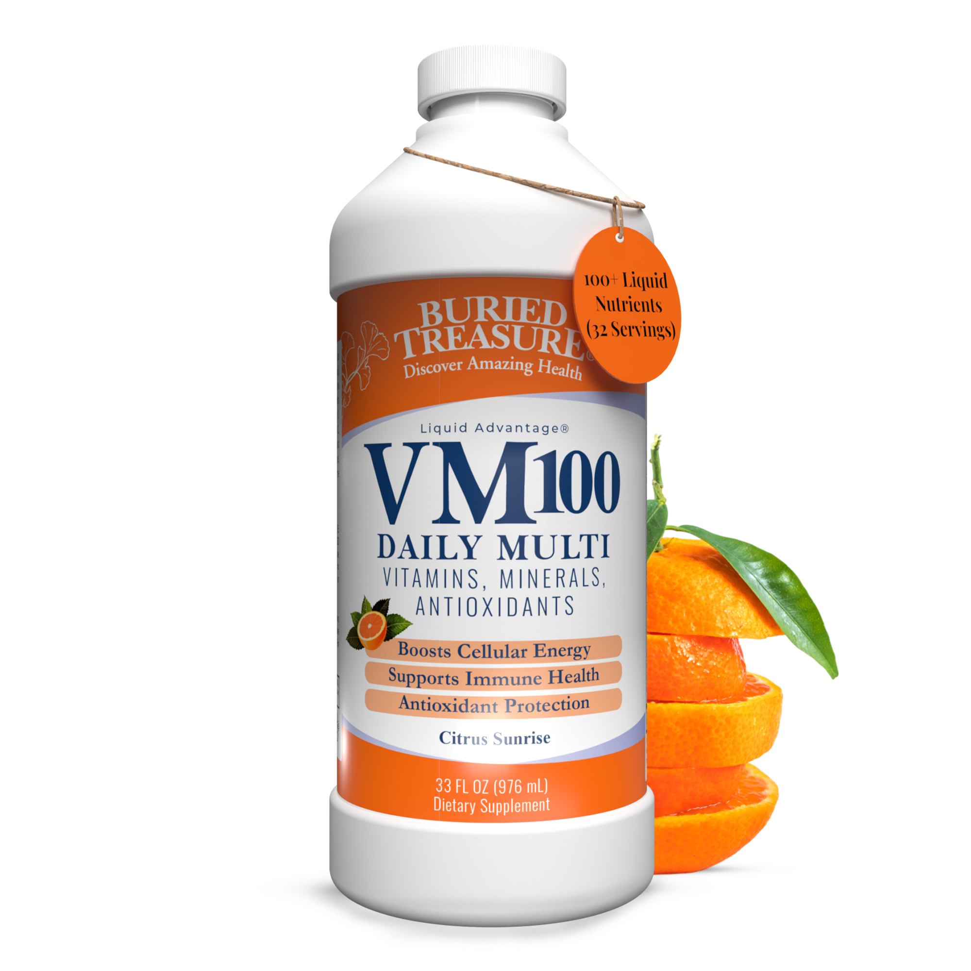 Buried Treasure VM100 Daily Multi supplement bottle with oranges on a white background