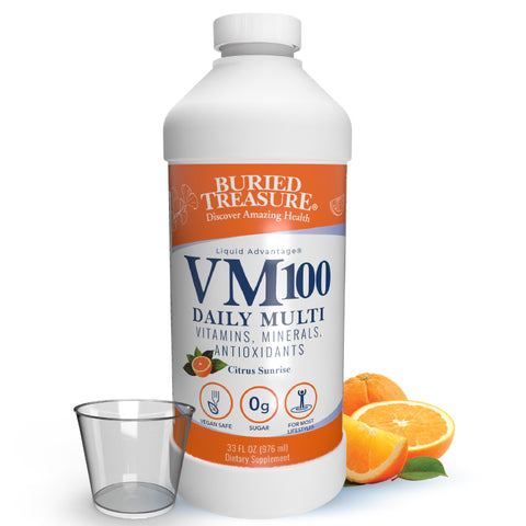 Buried Treasure VM100 Complete Daily Liquid Vitamins and Minerals plus Antioxidants Supplement for Maximum Absorption Great Tasting with Dose Cup