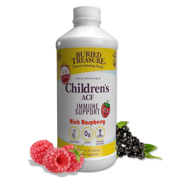 A bottle of Buried Treasure Children's ACF Immune Support in Rich Raspberry flavor, surrounded by images of raspberries, blackberries, and other fruits.