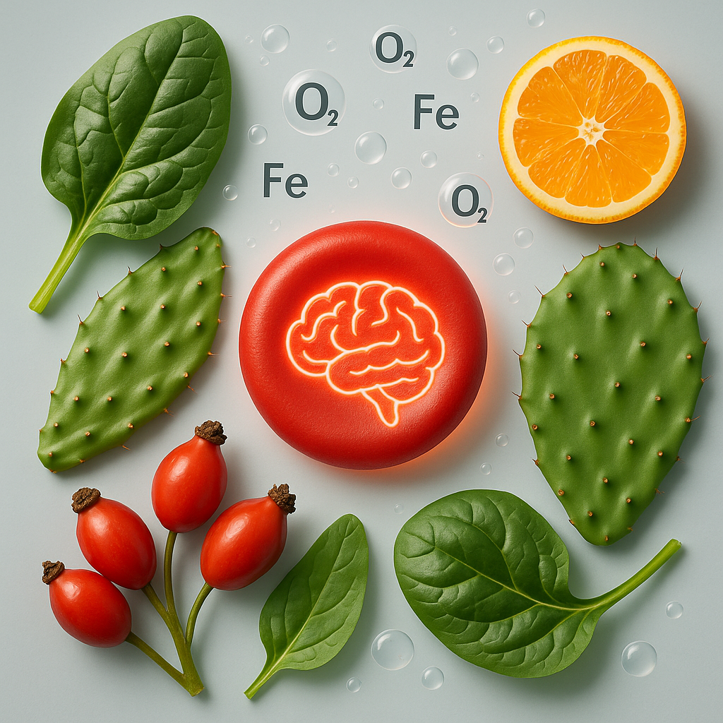 Spinach, nopal, rose hips, orange slices circle red blood cell and brain icon; Fe + O2 bubbles show iron oxygen transport
